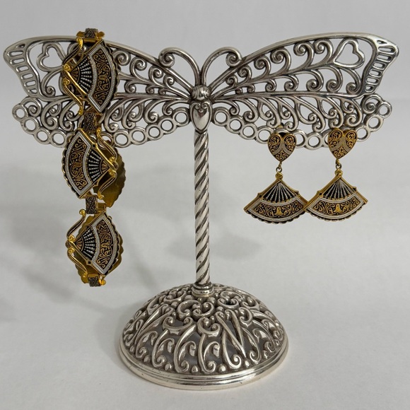 Vintage 1960s Spain Damascene Fan Link Bracelet and Screwback Earrings Set - Picture 1 of 12